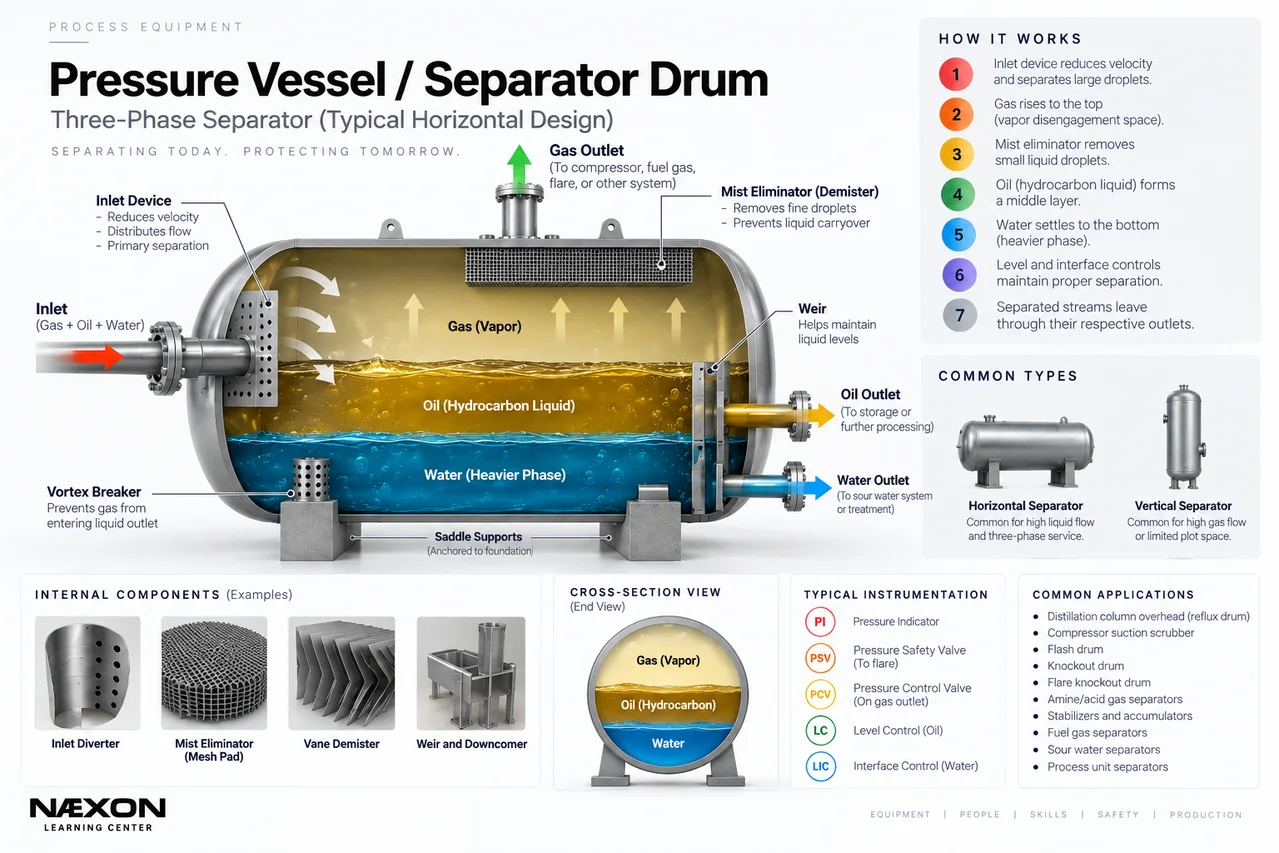 Cutaway horizontal pressure vessel diagram showing gas, oil, and water layers with separate outlets and internal components