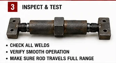 Completed shop-built push-pull tool with threaded rods, center nut, and square dogs ready for weld and operation checks.