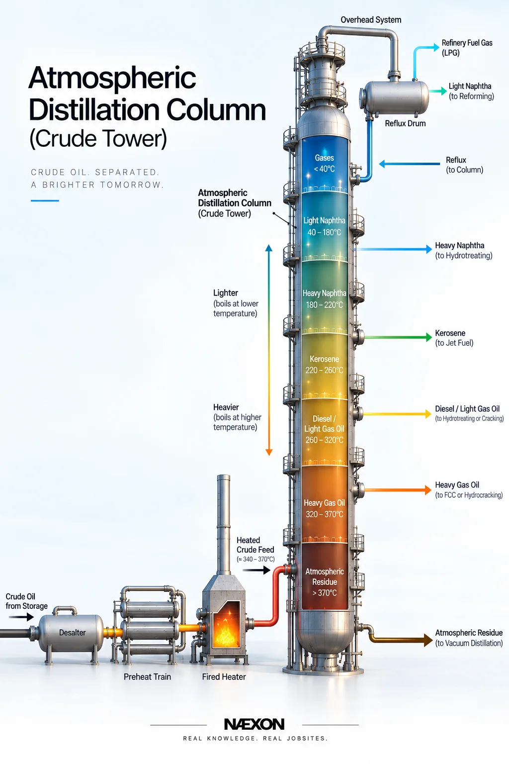 Diagram of an atmospheric crude oil distillation column showing desalter, preheat train, fired heater, reflux drum, and product cuts.