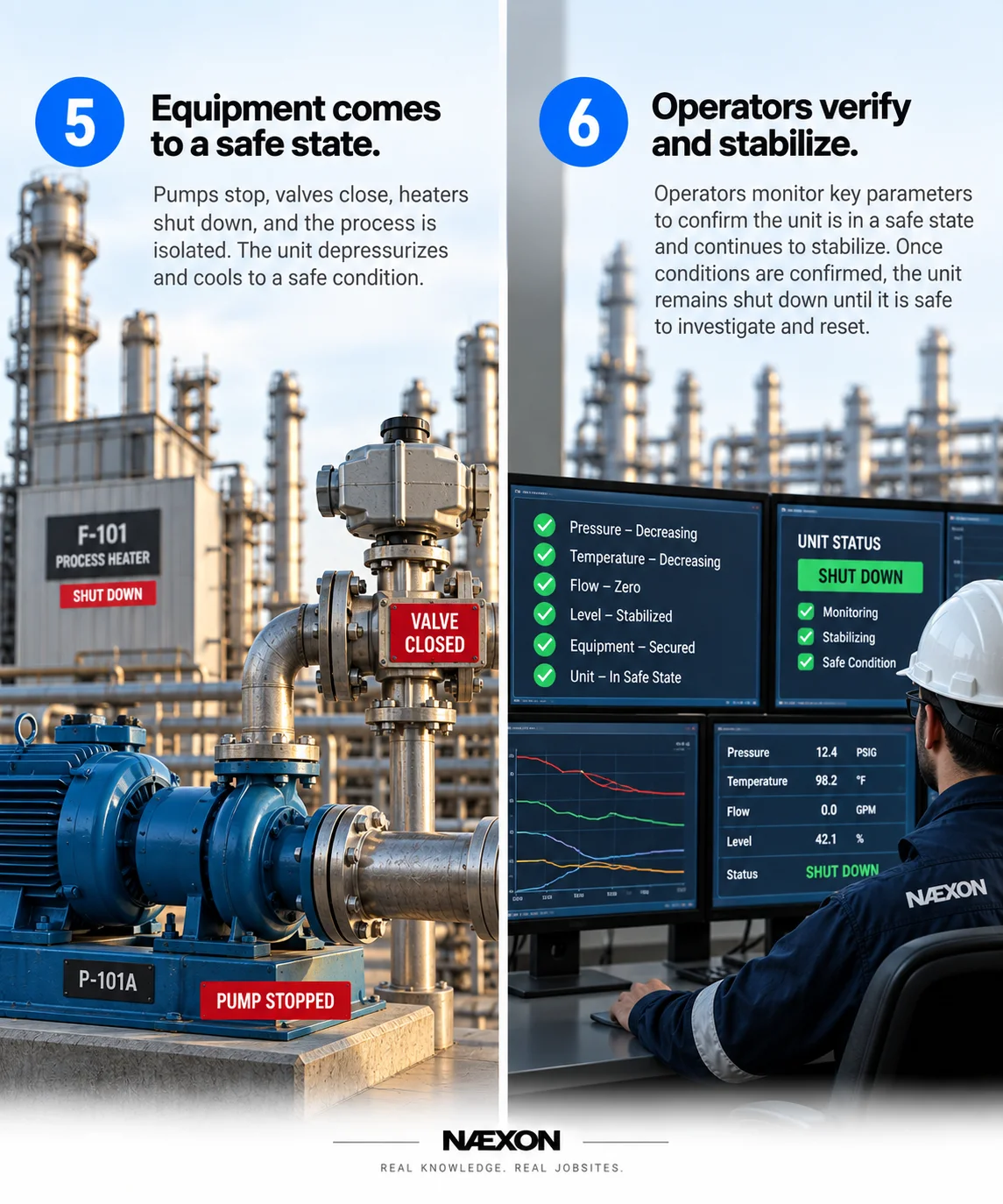 Illustration of stopped pump and closed valve, plus an operator monitoring screens to verify refinery unit shutdown.