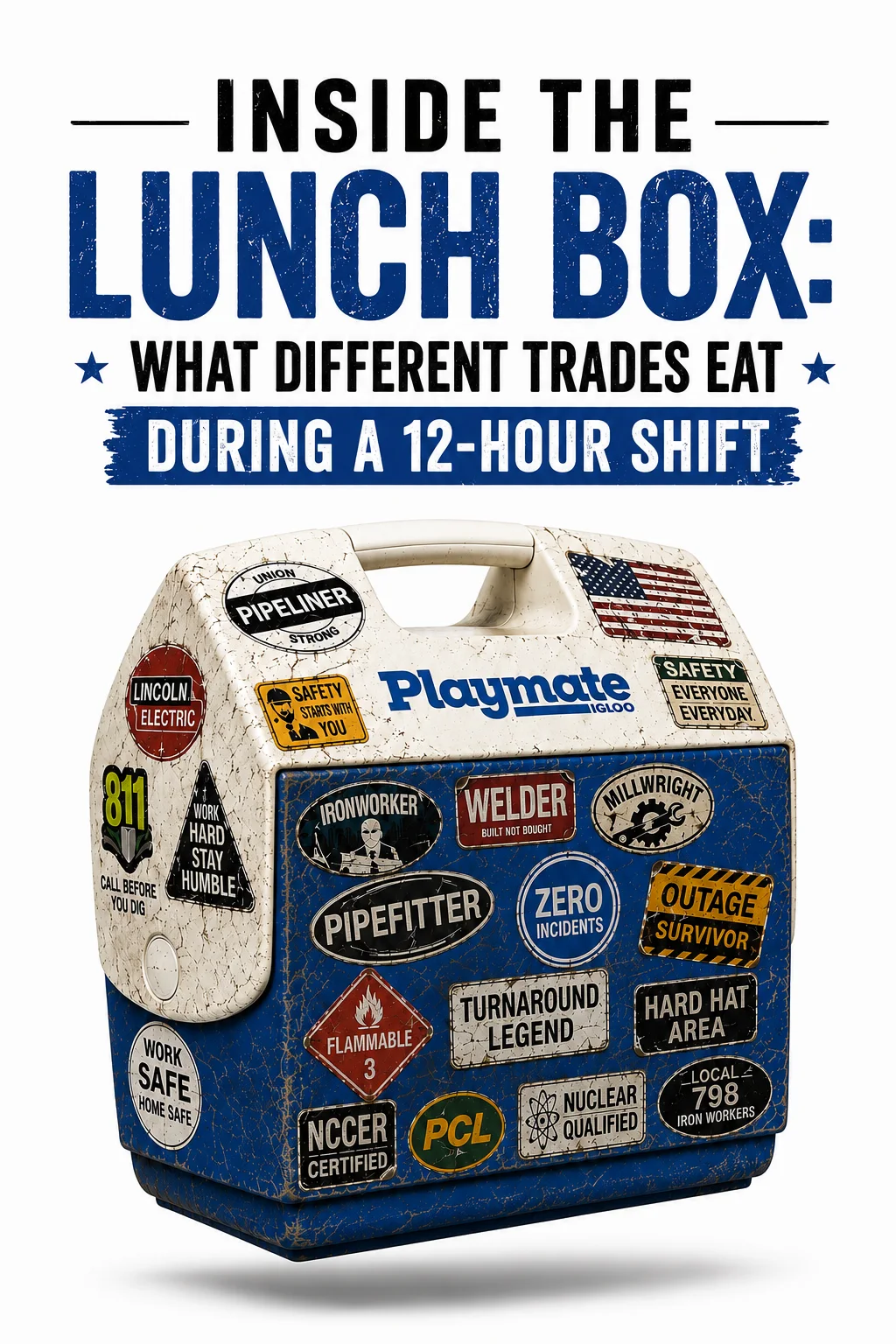 Sticker-covered industrial lunch box representing what different skilled trades workers eat during a 12-hour shift
