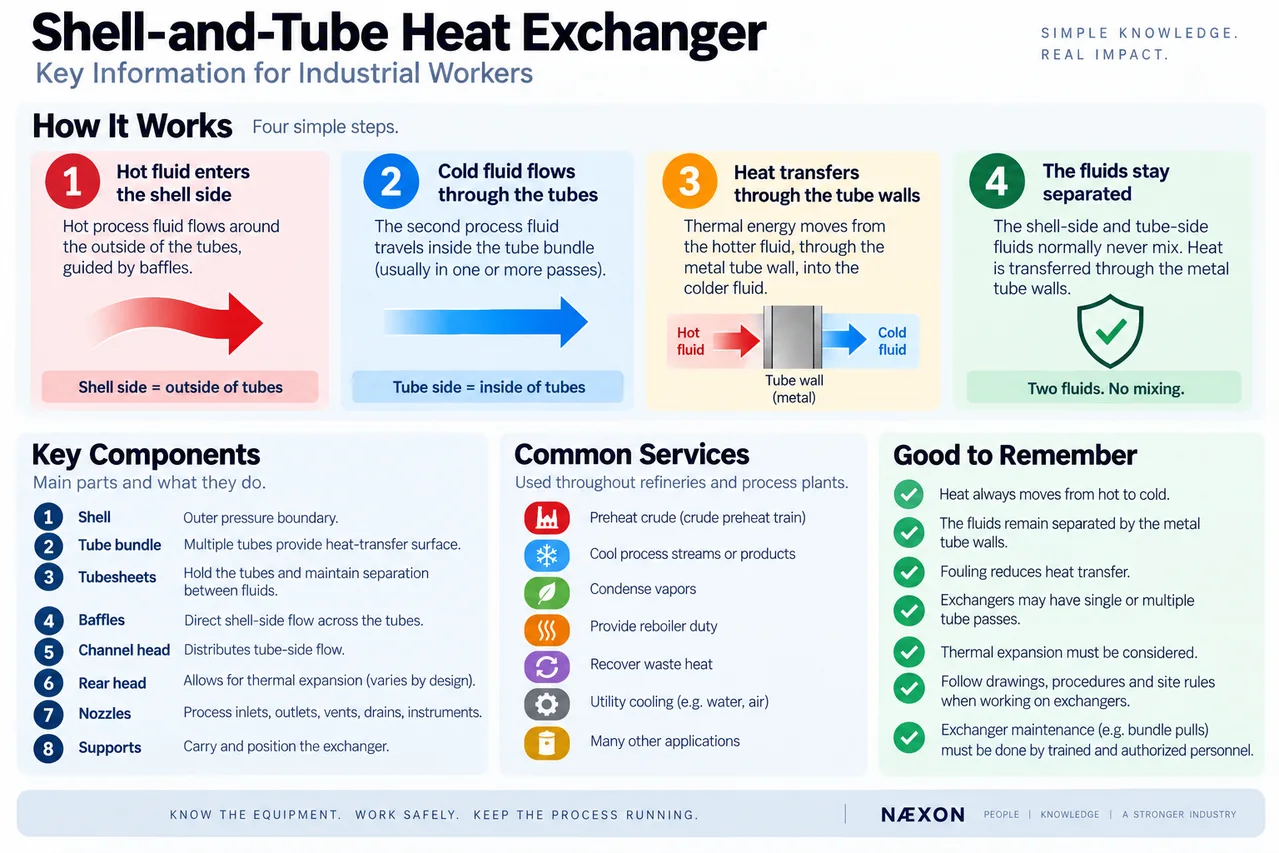 Four-step infographic explaining shell and tube heat exchange, its components, common services, and operating reminders.