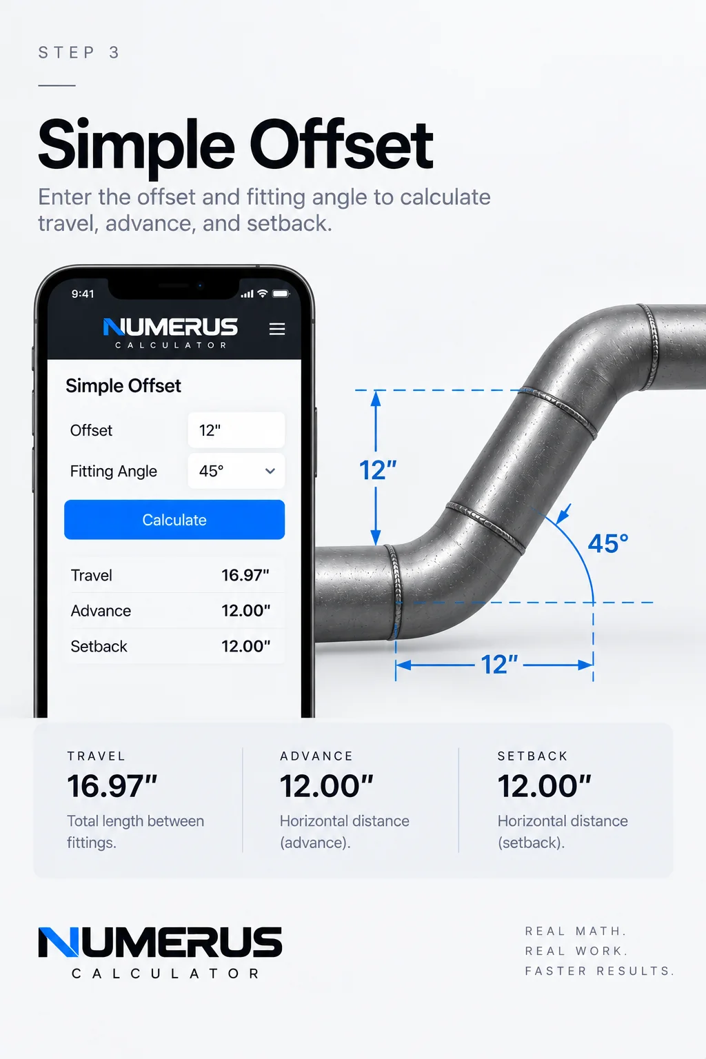 Numerus phone-screen example of a 12-inch simple offset with 45-degree fittings and a labeled pipe offset.