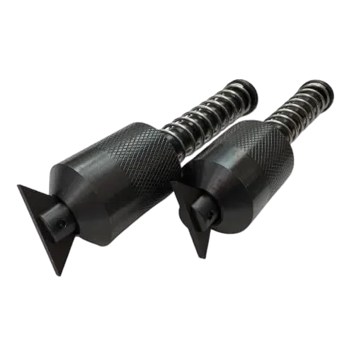 Pair of black adjustable two-hole flange pins with knurled grips and threaded shafts.