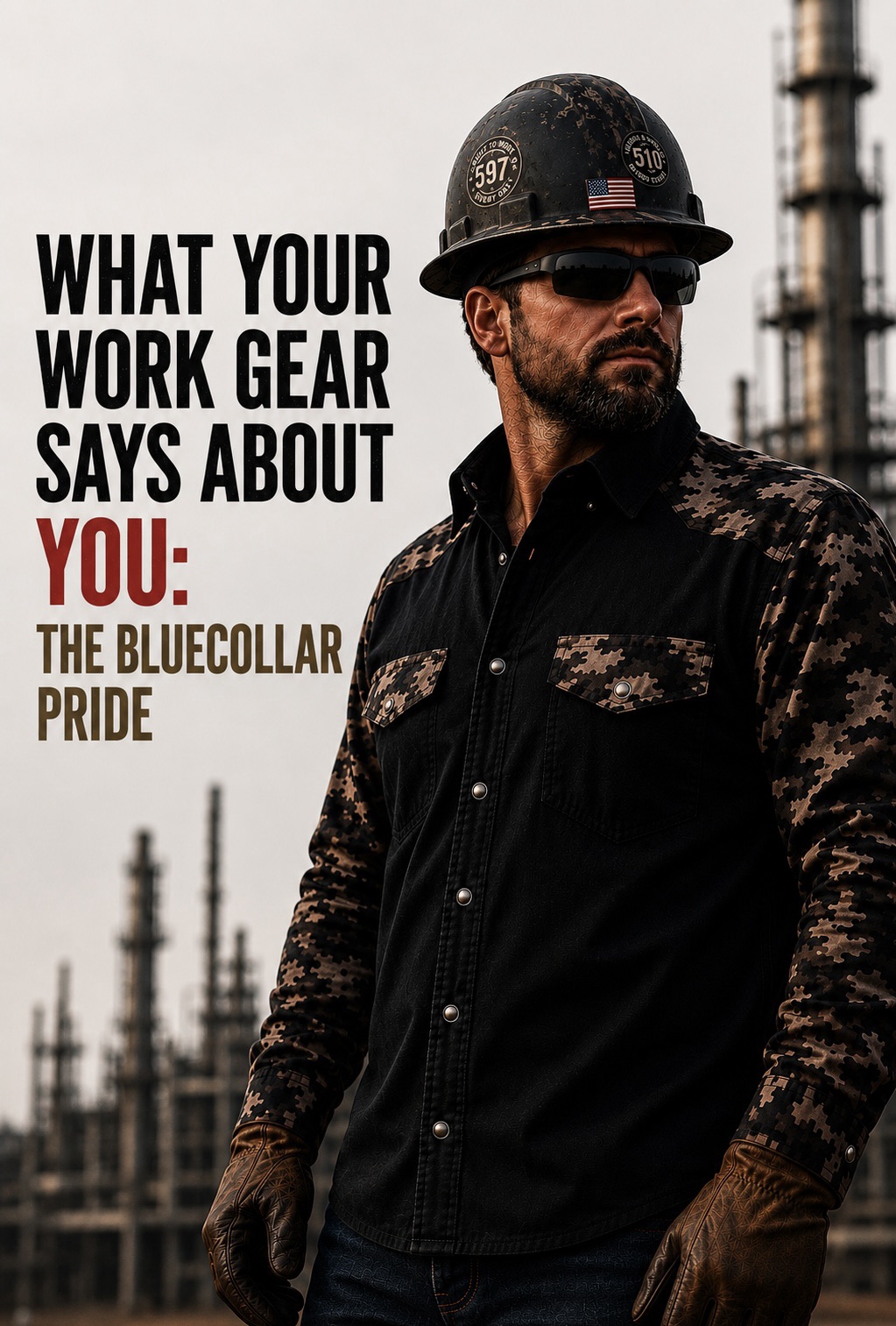 Poster showing a worker in a black and camouflage shirt beside the title What Your Work Gear Says About You.