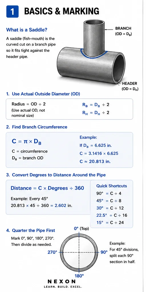Pipe-saddle basics sheet showing branch and header diameters, circumference divisions, baseline setup, and quarter-point marking.