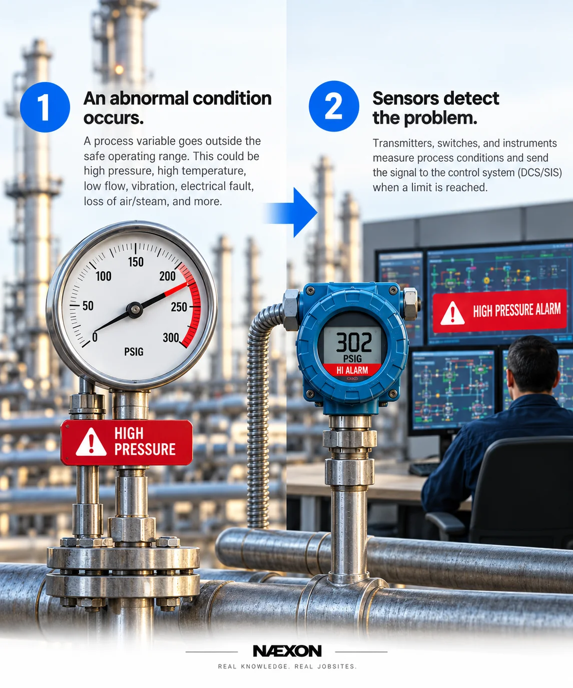 Illustration of abnormal refinery pressure and an instrument alarm detected by a transmitter and control-room screens.