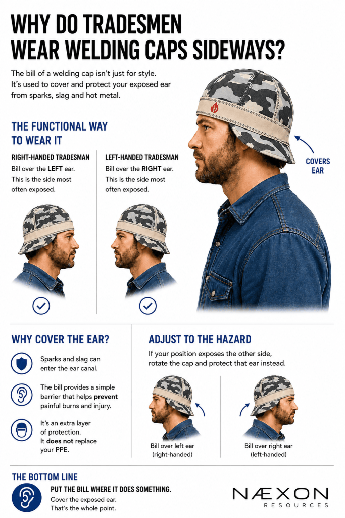 Infographic explaining why tradesmen wear welding caps sideways, including ear coverage, brim position, and fit adjustments.