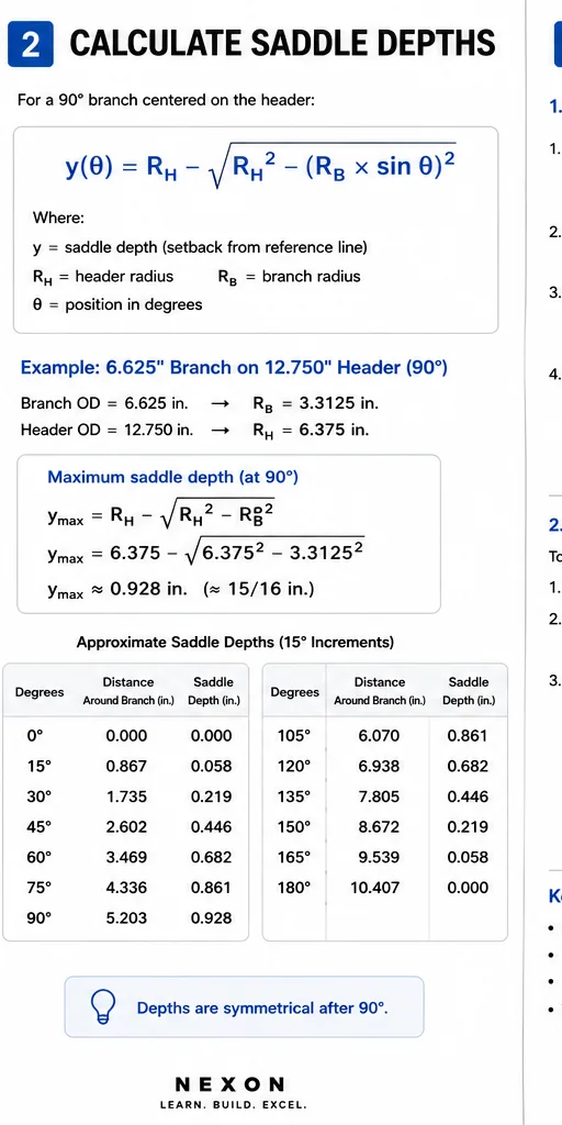 Pipe-saddle calculation sheet with the saddle-depth formula, worked example, and table of angles and calculated depths.