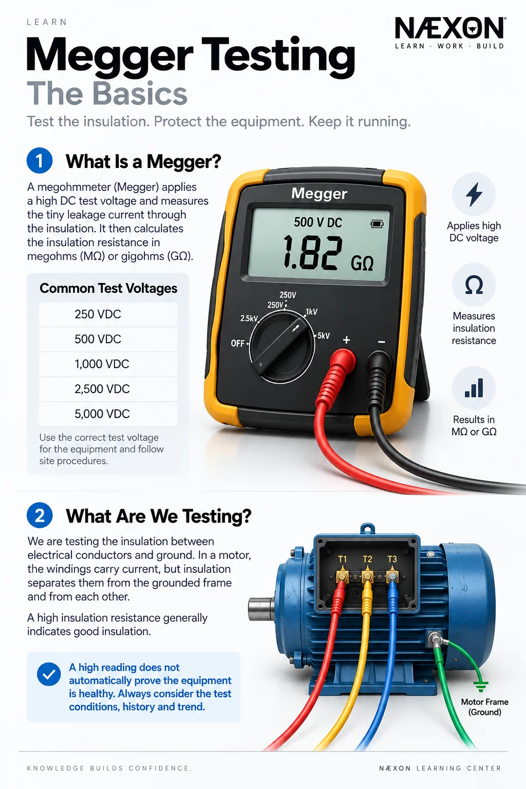 Educational graphic of a megohmmeter, DC test voltages, and motor terminals with a frame-ground connection.