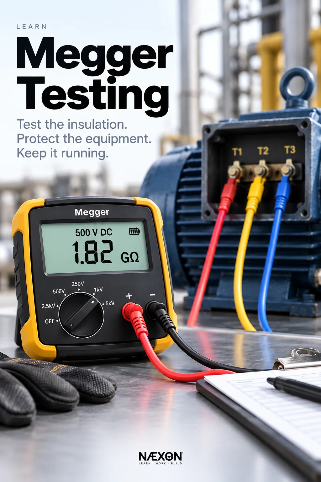 Megohmmeter beside a motor terminal box with colored conductors and a displayed insulation-resistance reading.