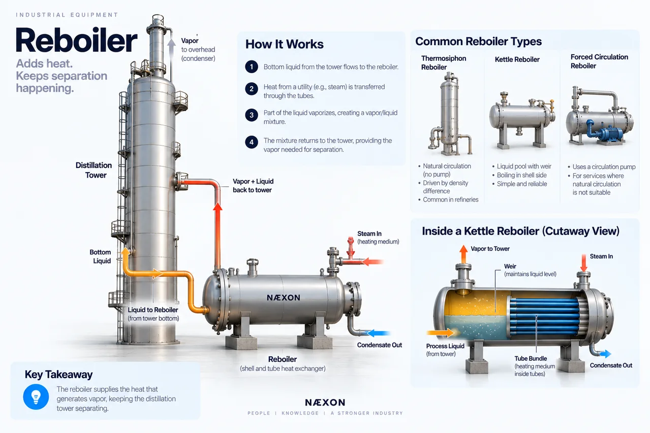 Reboiler diagram showing tower-bottom liquid heated in an exchanger and vapor returning to the tower