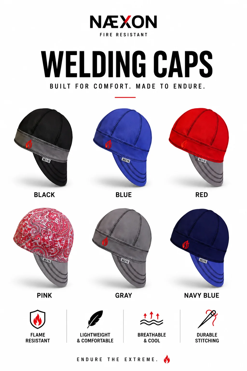 Næxon fire-resistant welding caps in black, blue, red, pink paisley, gray, and navy blue with extended side bills