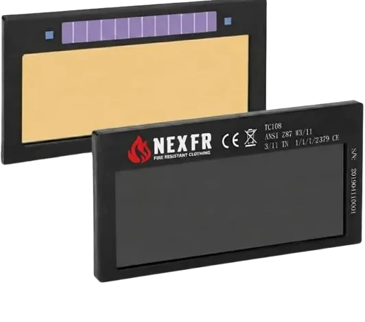 Rectangular NEXFR auto-darkening welding lens with black housing, gold viewing area and purple solar strip.